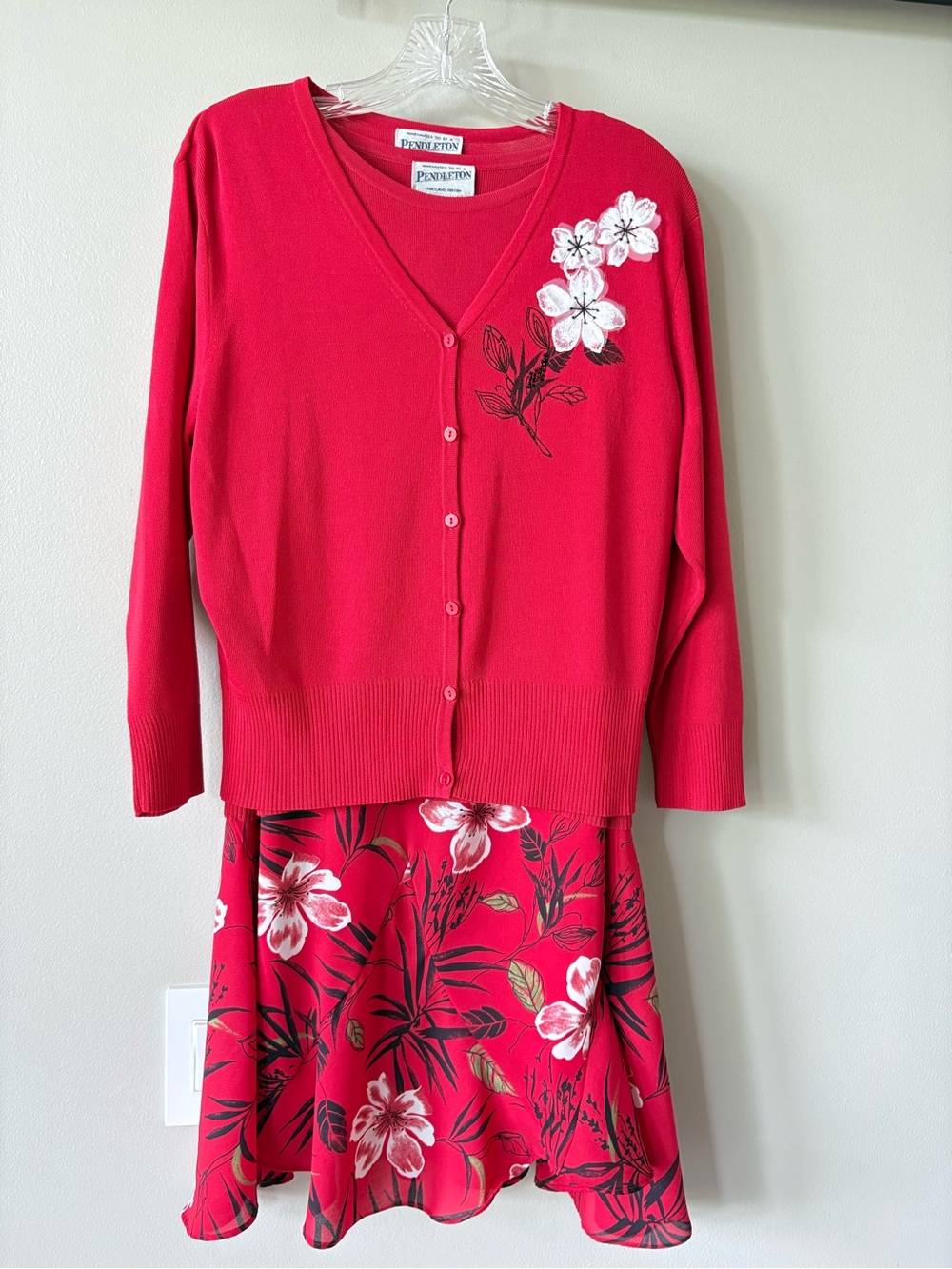 Pendleton Red Floral Cardigan and Matching Skirt 3 piece Floral